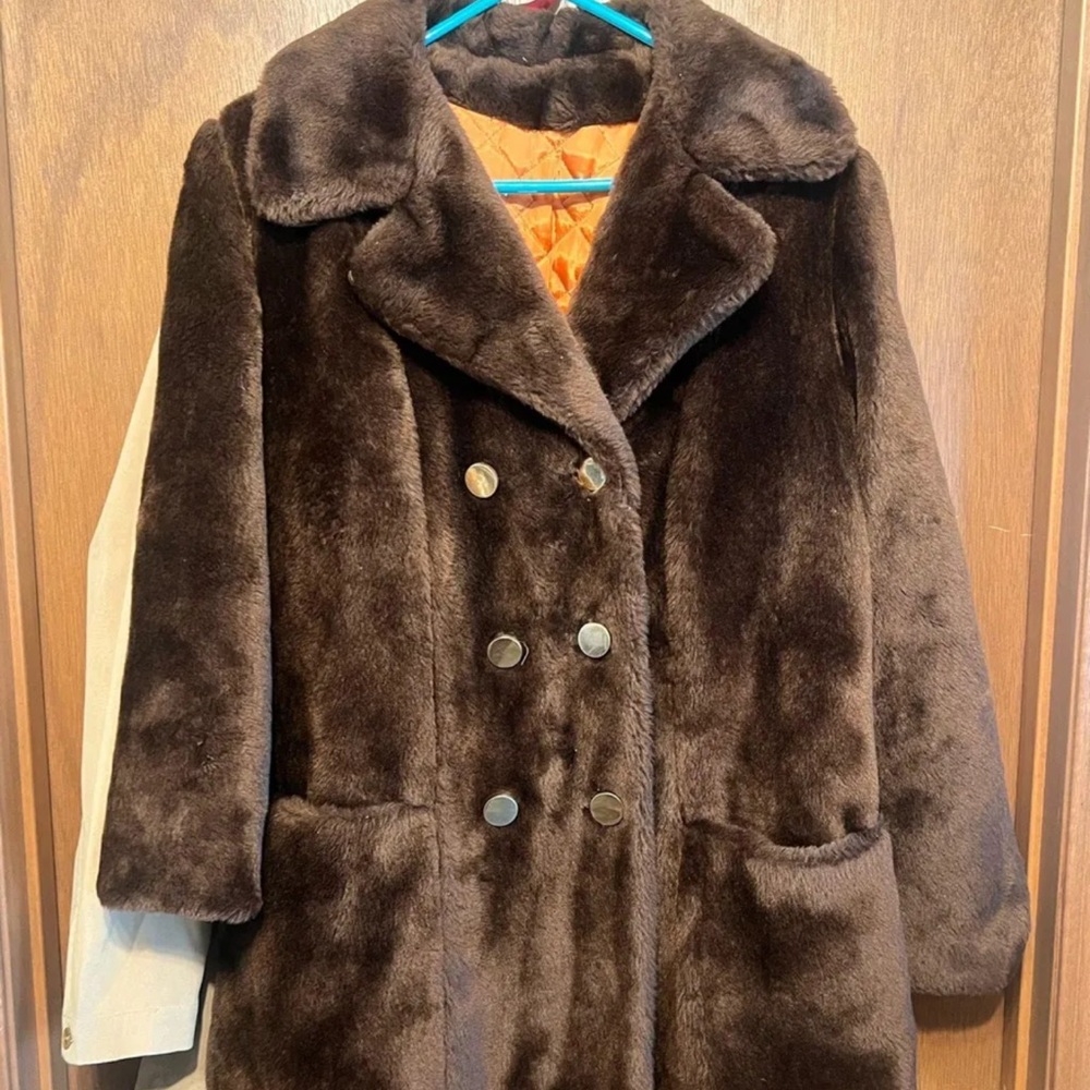 Sears Brown Faux Fur Double-Breasted Pea Coat